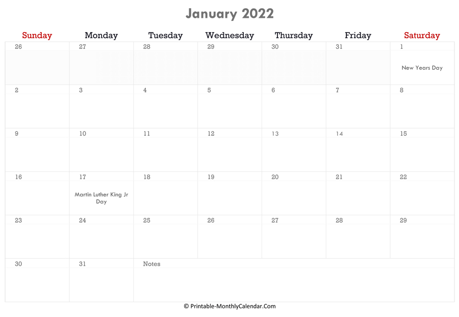 January 2022 Calendar Printable With Holidays