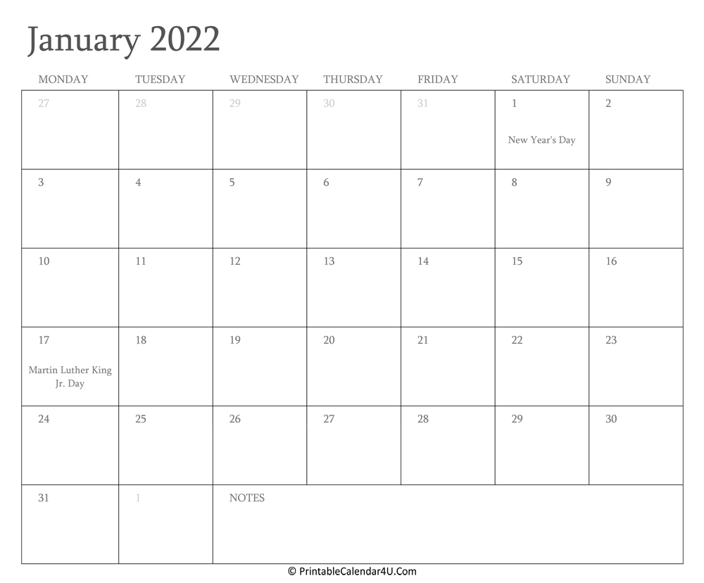 January 2022 Calendar Printable With Holidays