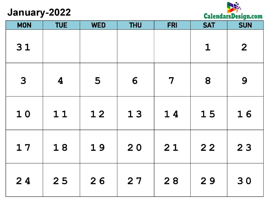 January 2022 Calendar Printable