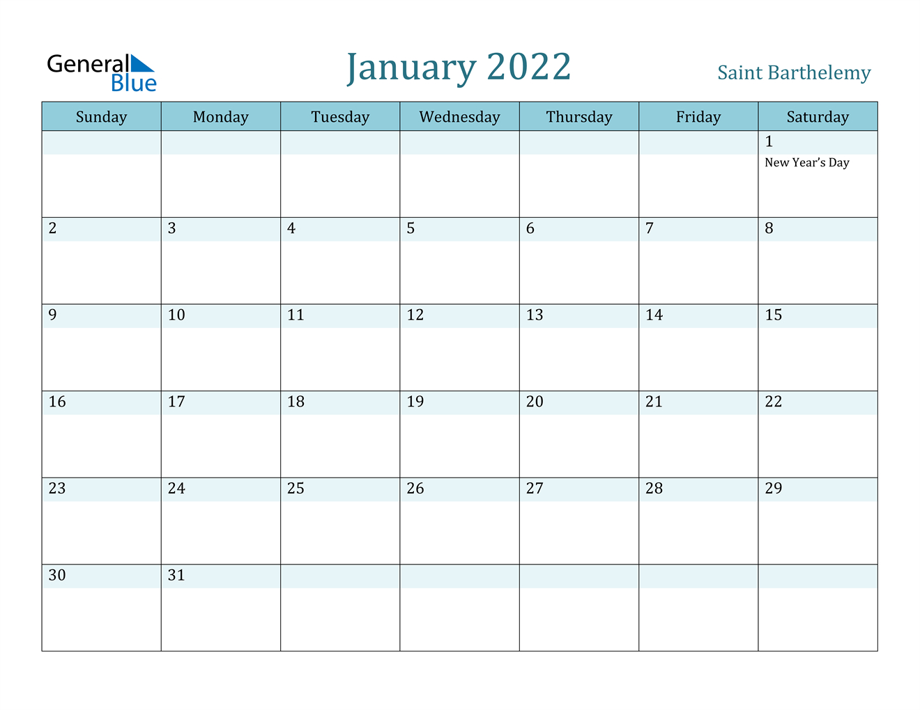 January 2022 Calendar - Saint Barthelemy