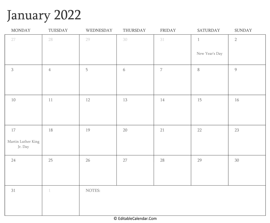 January 2022 Calendar Templates