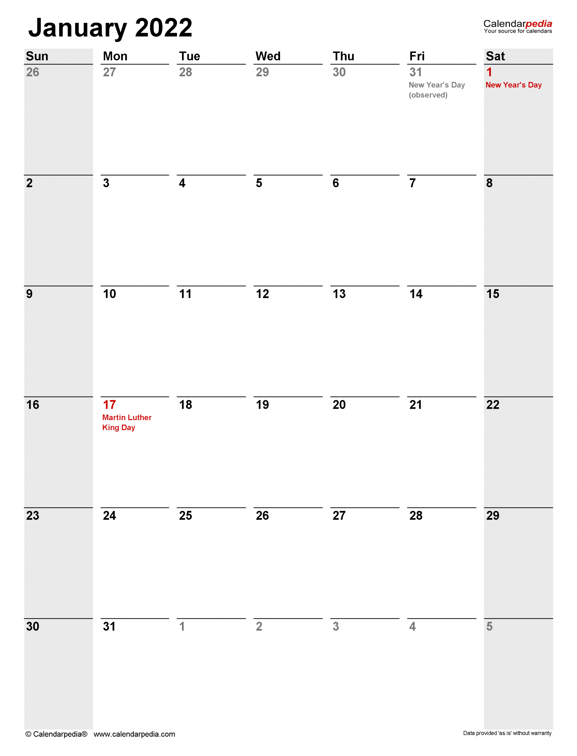 January 2022 Calendar | Templates For Word, Excel And Pdf