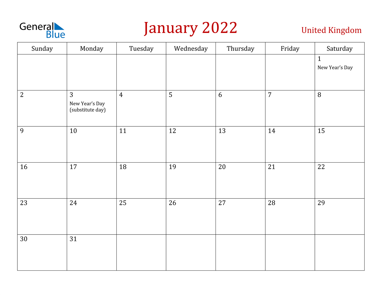 January 2022 Calendar - United Kingdom