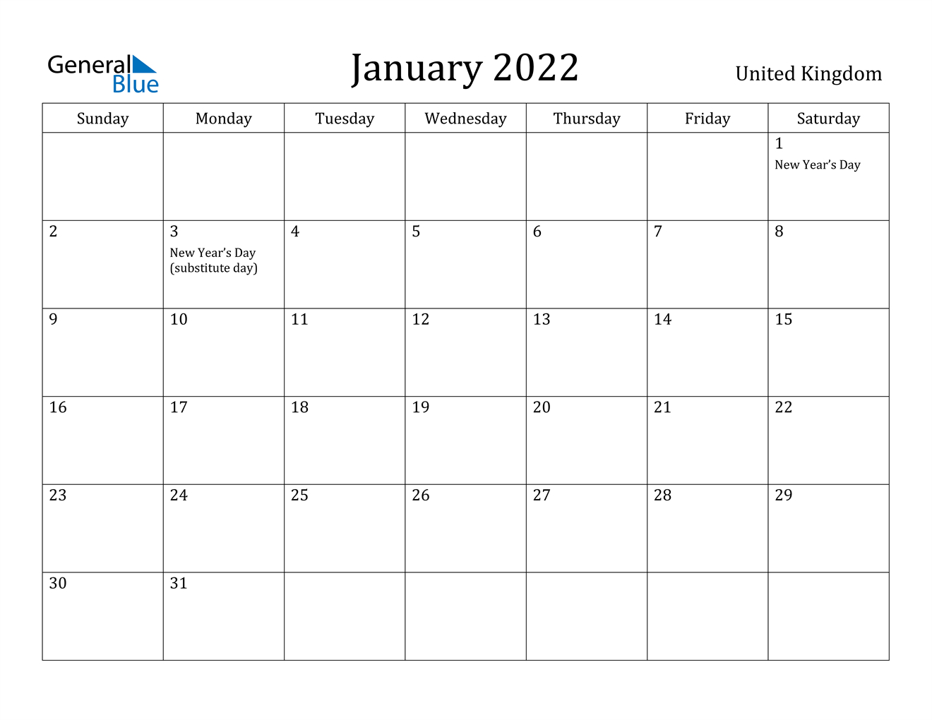 January 2022 Calendar - United Kingdom