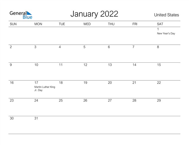 January 2022 Calendar - United States