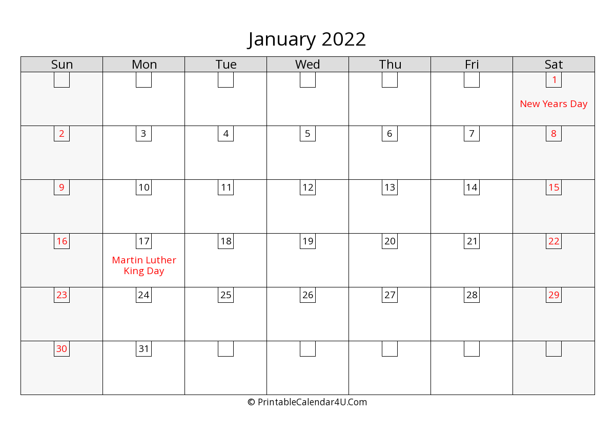 January 2022 Calendar With Days In Box, Us Holidays