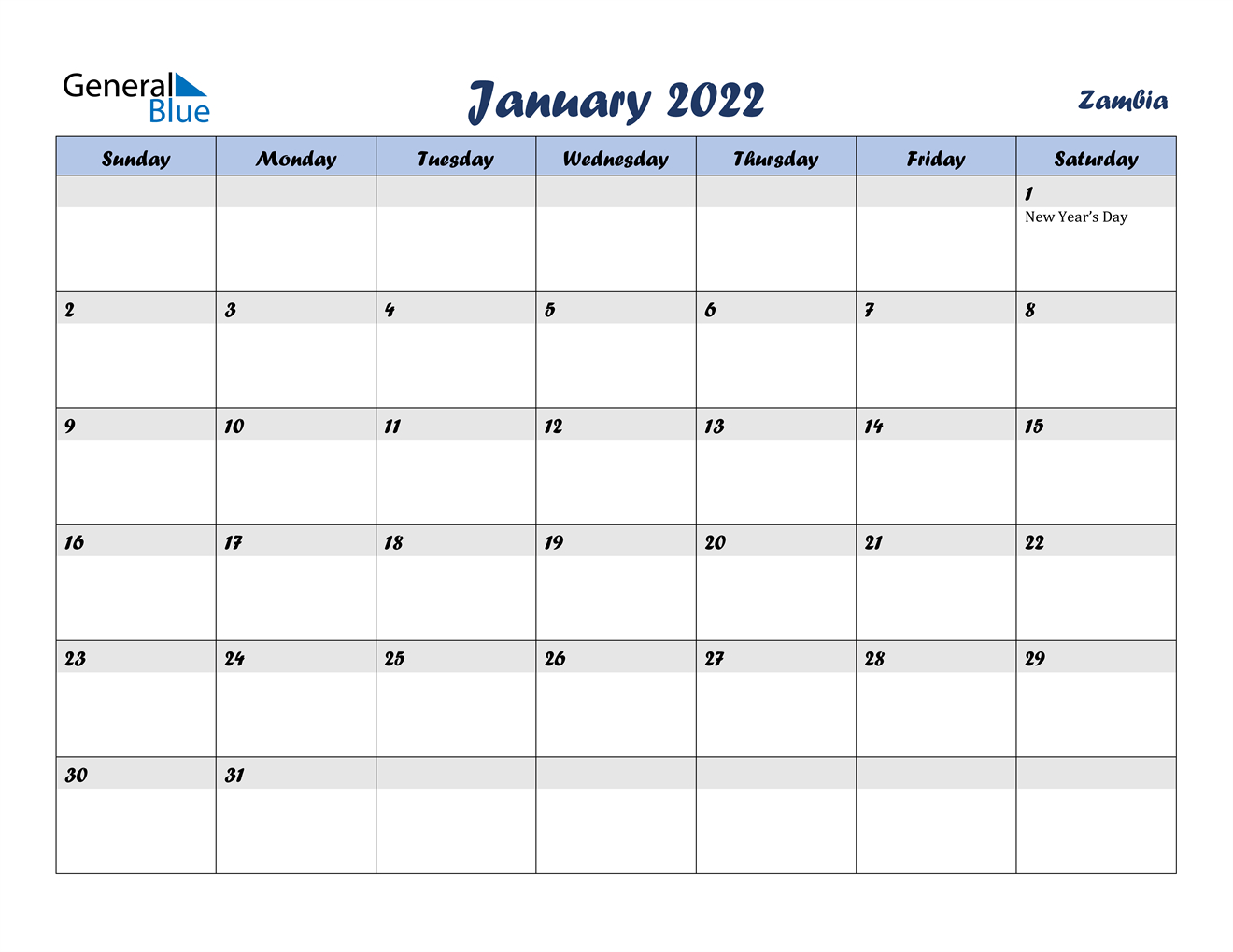 January 2022 Calendar - Zambia