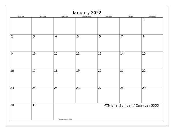 January 2022 Calendars &quot;Sunday - Saturday&quot; - Michel Zbinden En