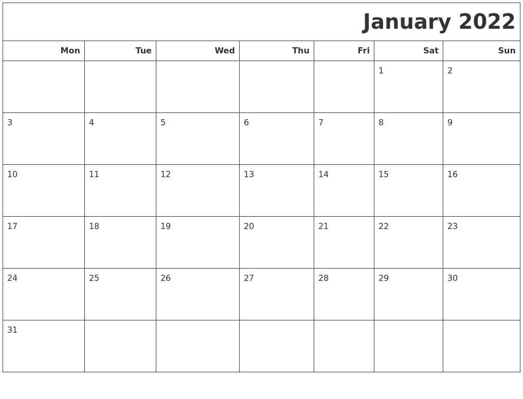 January 2022 Calendars To Print