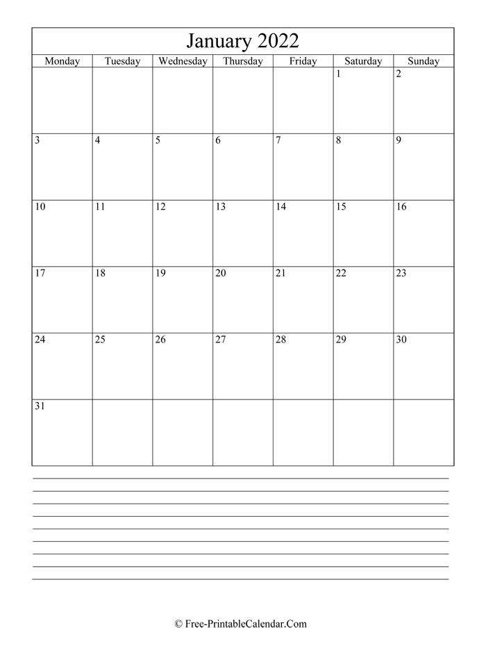 January 2022 Editable Calendar With Notes