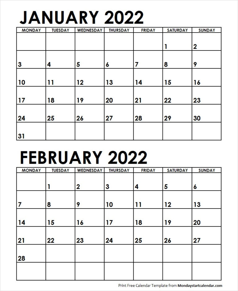 January 2022 February 2022 Printable Calendar - 2023