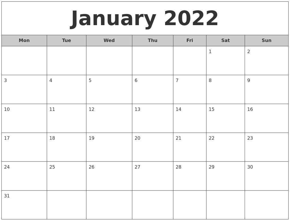 January 2022 Free Monthly Calendar