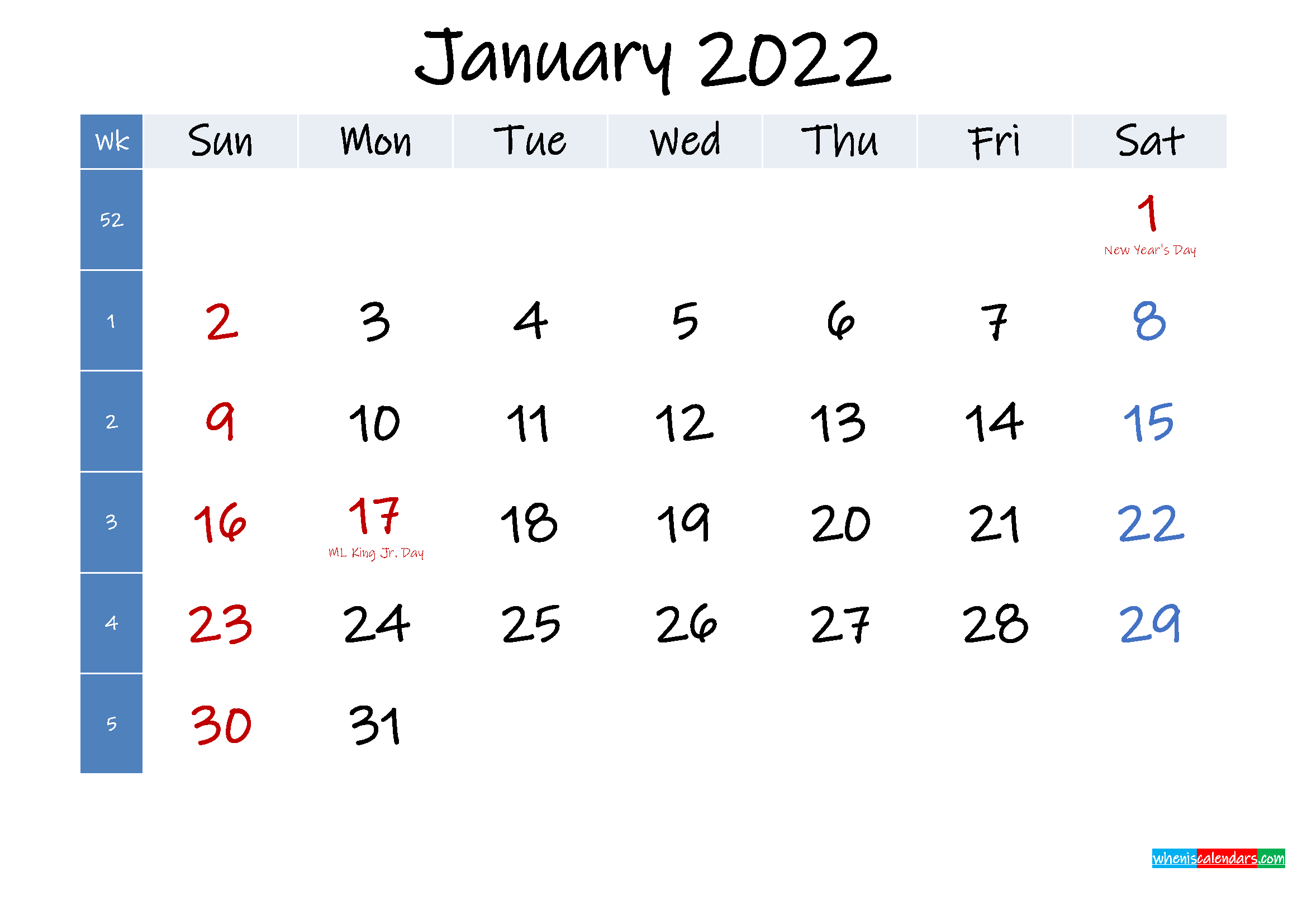 January 2022 Free Printable Calendar With Holidays - Template No.ink22M349 - Free Printable 2020