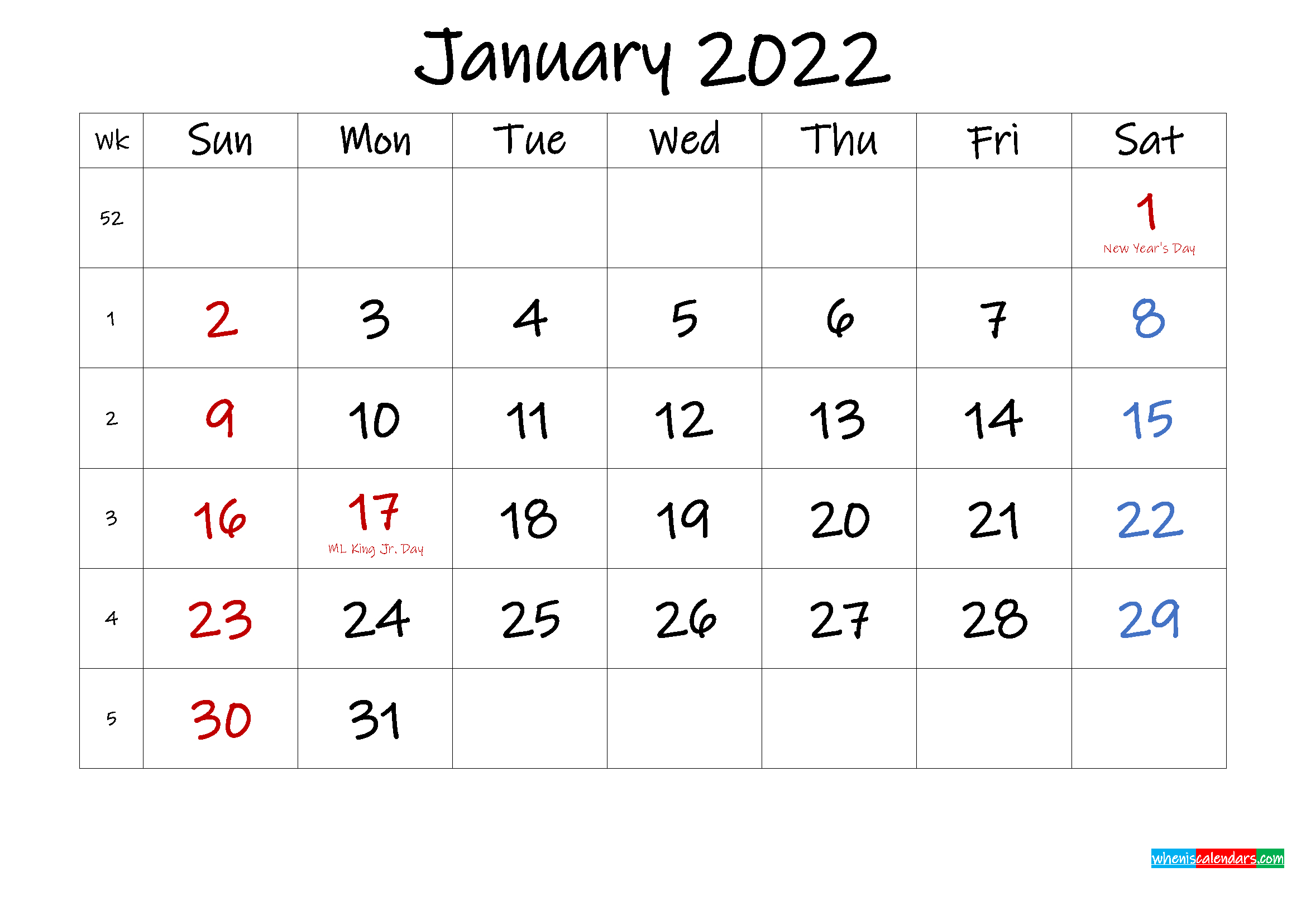 January 2022 Free Printable Calendar With Holidays - Template No.ink22M589