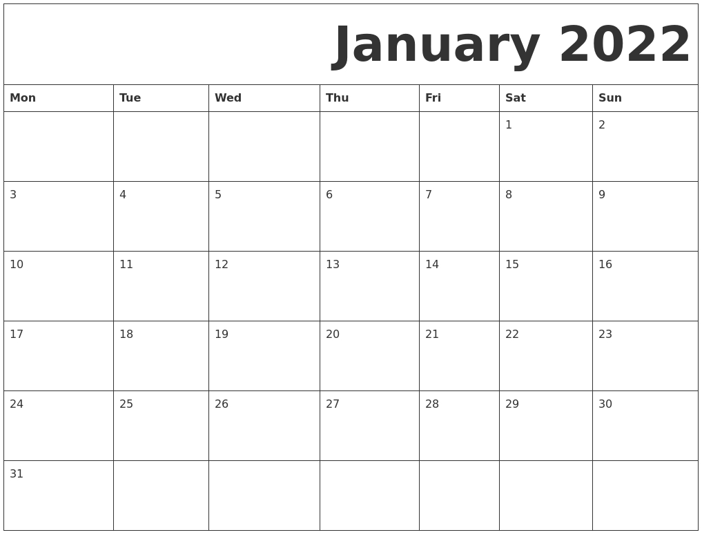 January 2022 Free Printable Calendar