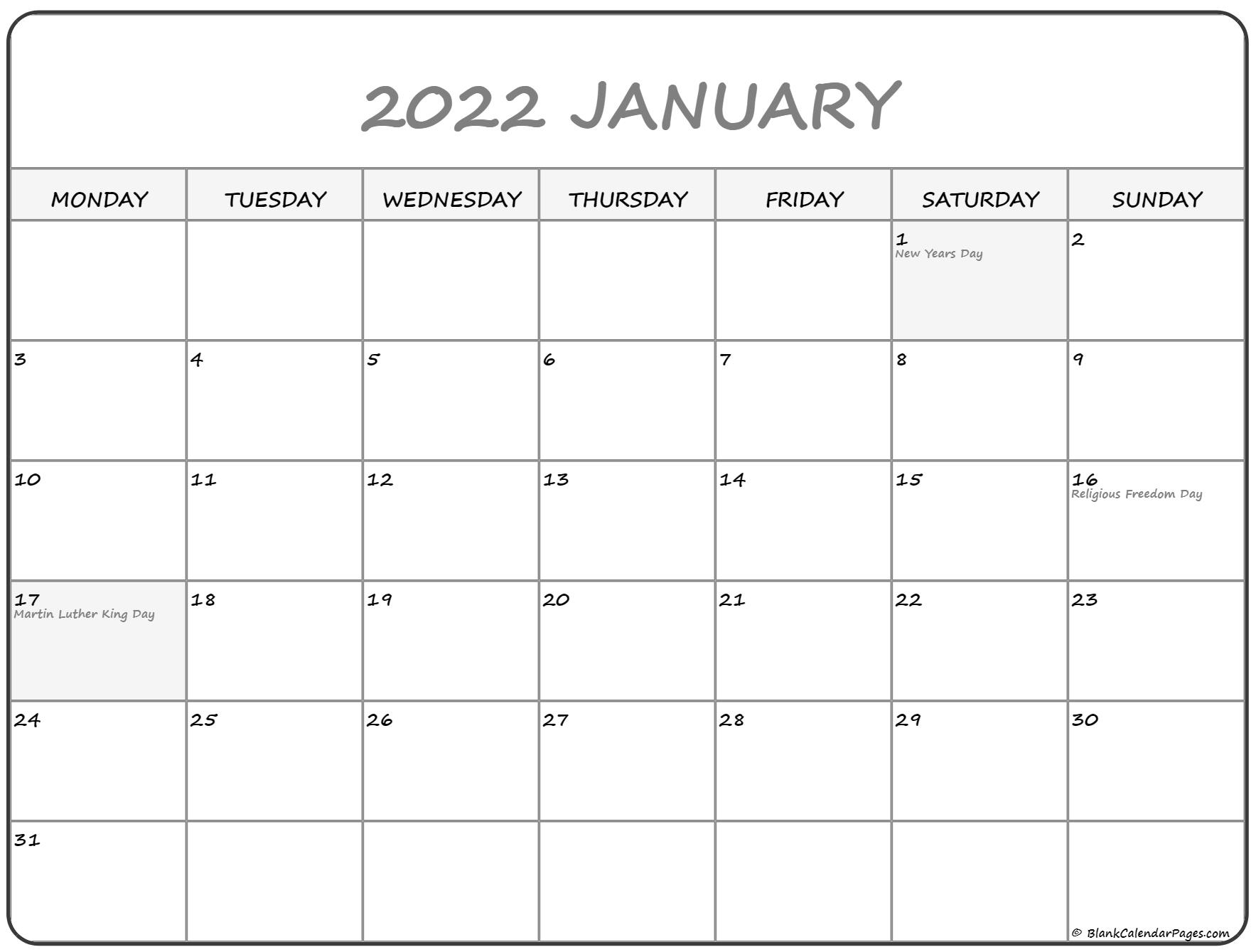 January 2022 Monday Calendar | Monday To Sunday