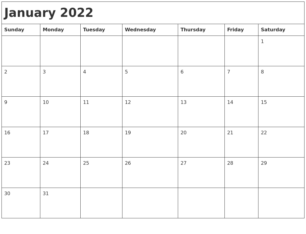 January 2022 Month Calendar