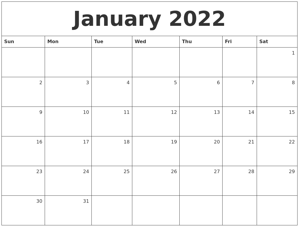 January 2022 Monthly Calendar