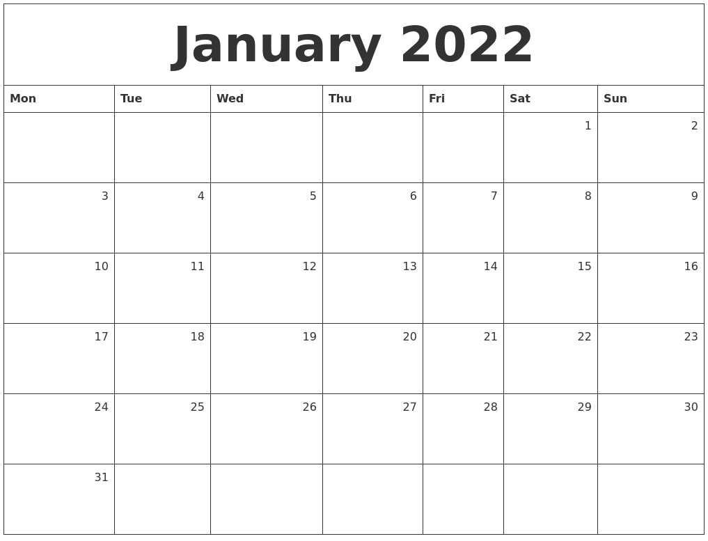 January 2022 Monthly Calendar