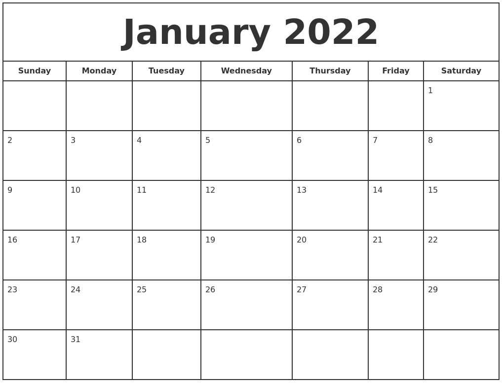 January 2022 Print Free Calendar