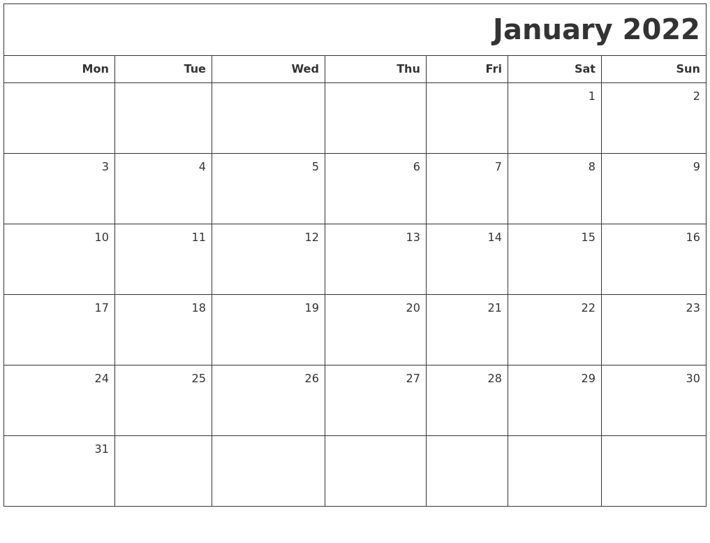 January 2022 Printable Blank Calendar