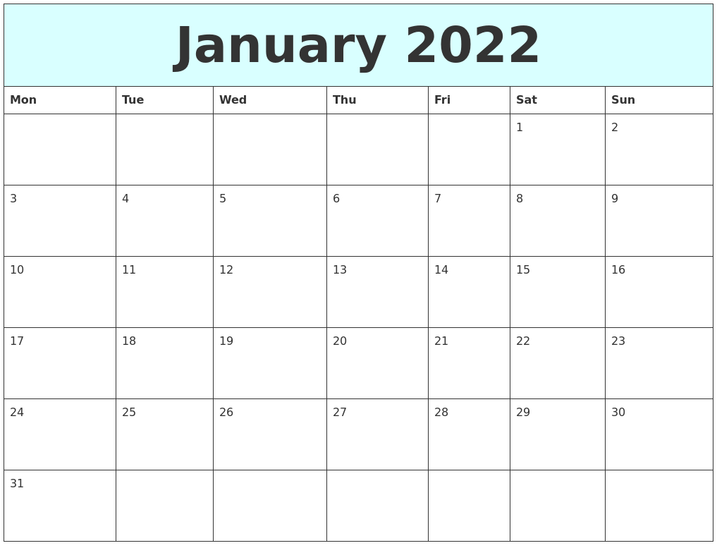 January 2022 Printable Calendar 2022 Monthly | Free Letter