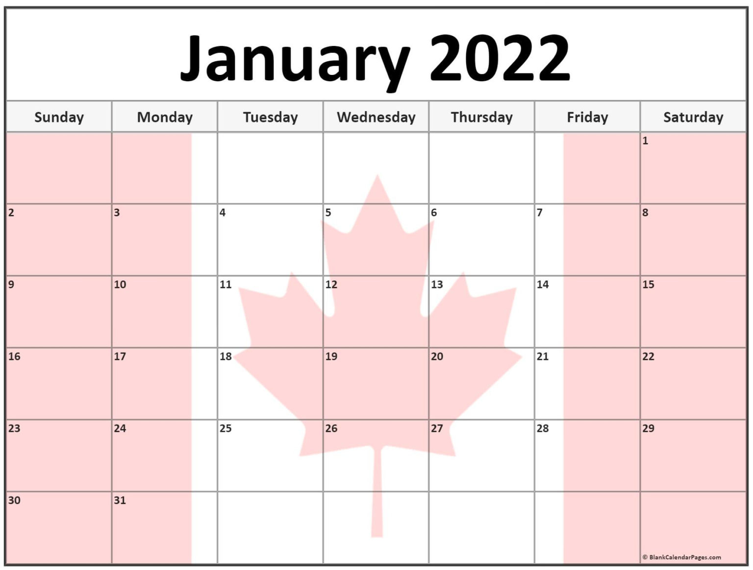 January 2022 Printable Calendar Canada - 2023 Printable