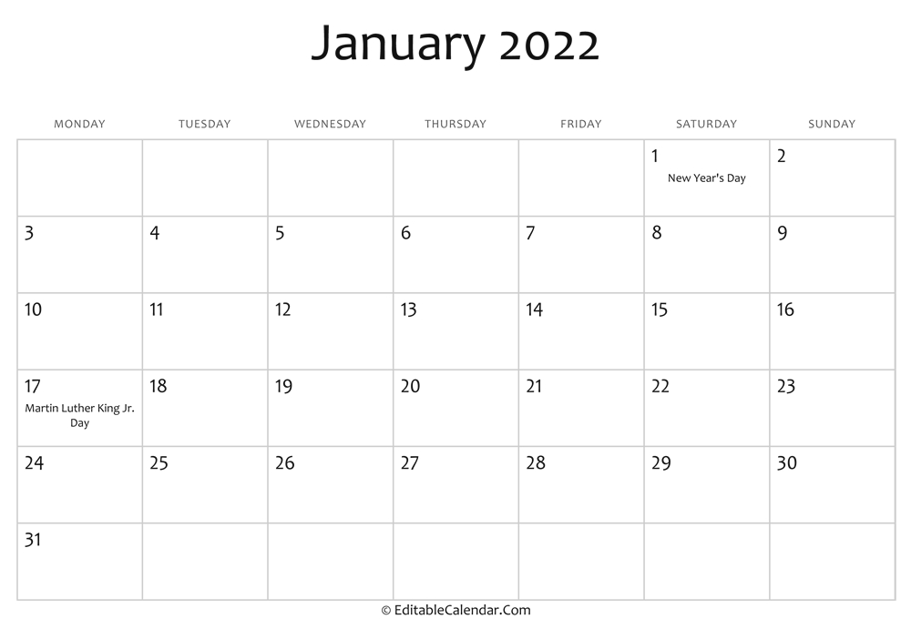 January 2022 Printable Calendar With Holidays