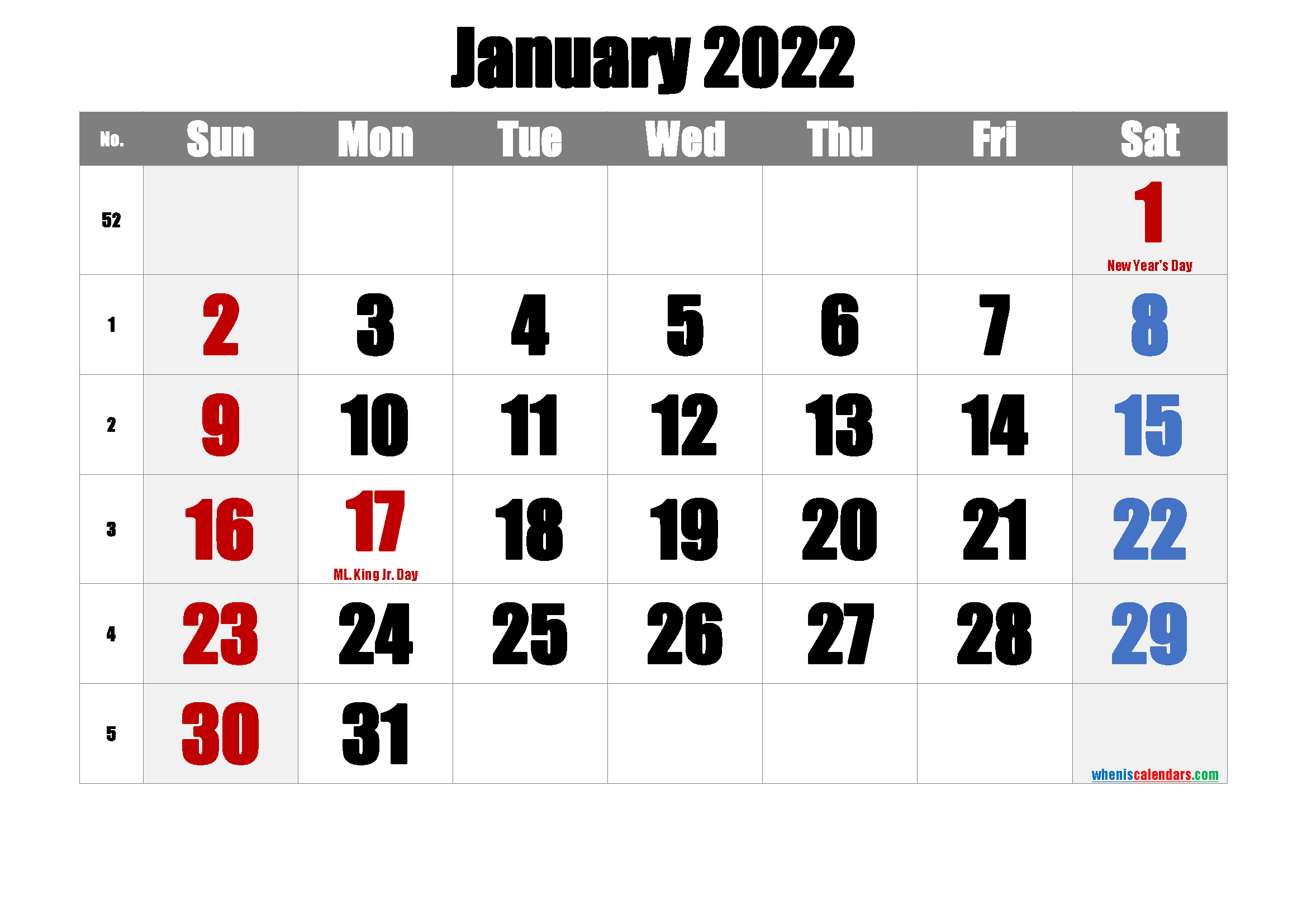 January 2022 Printable Calendar With Holidays