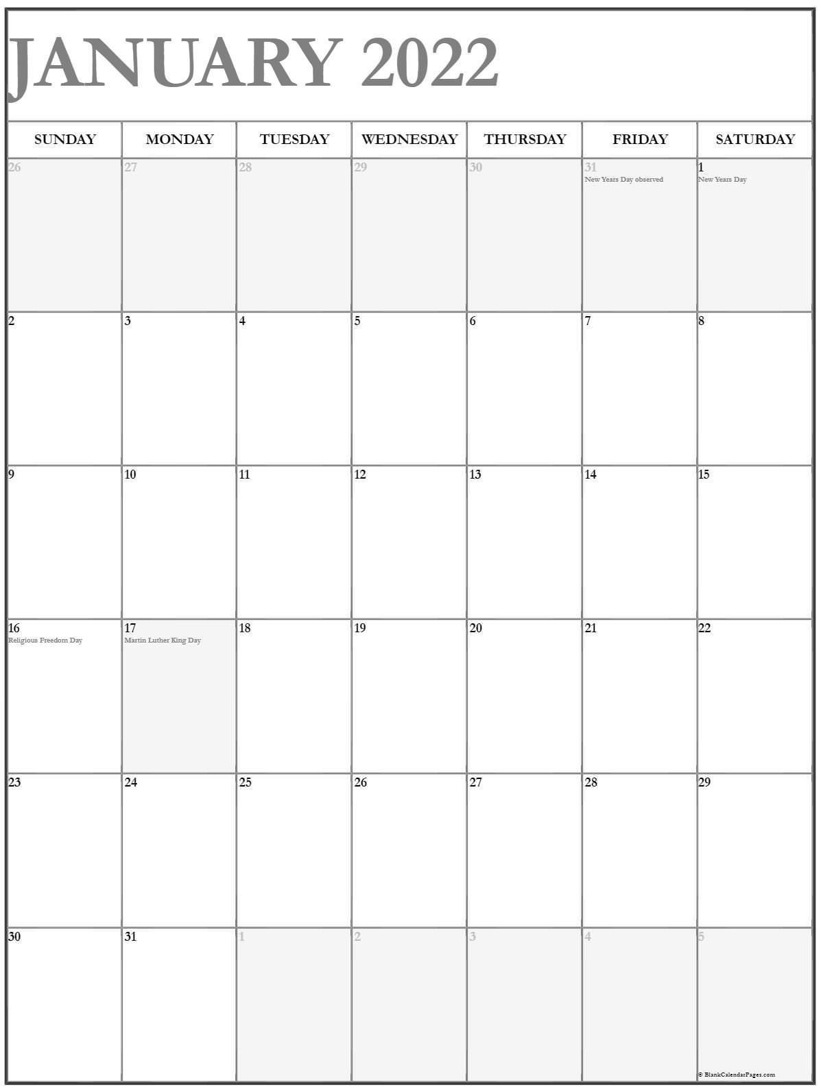 January 2022 Vertical Calendar | Portrait