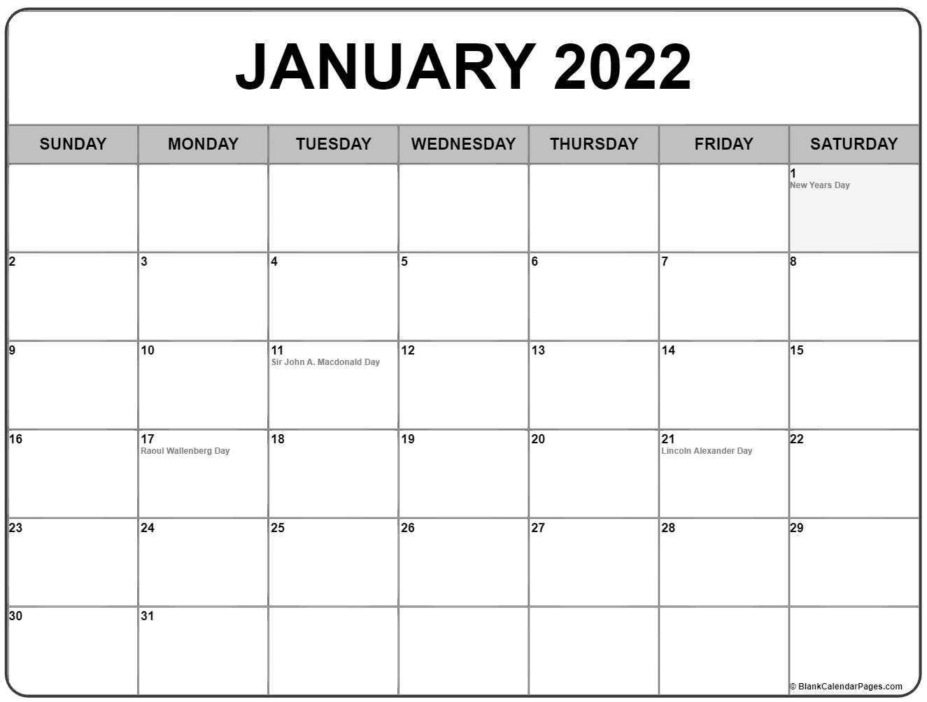 January 2022 With Holidays Calendar