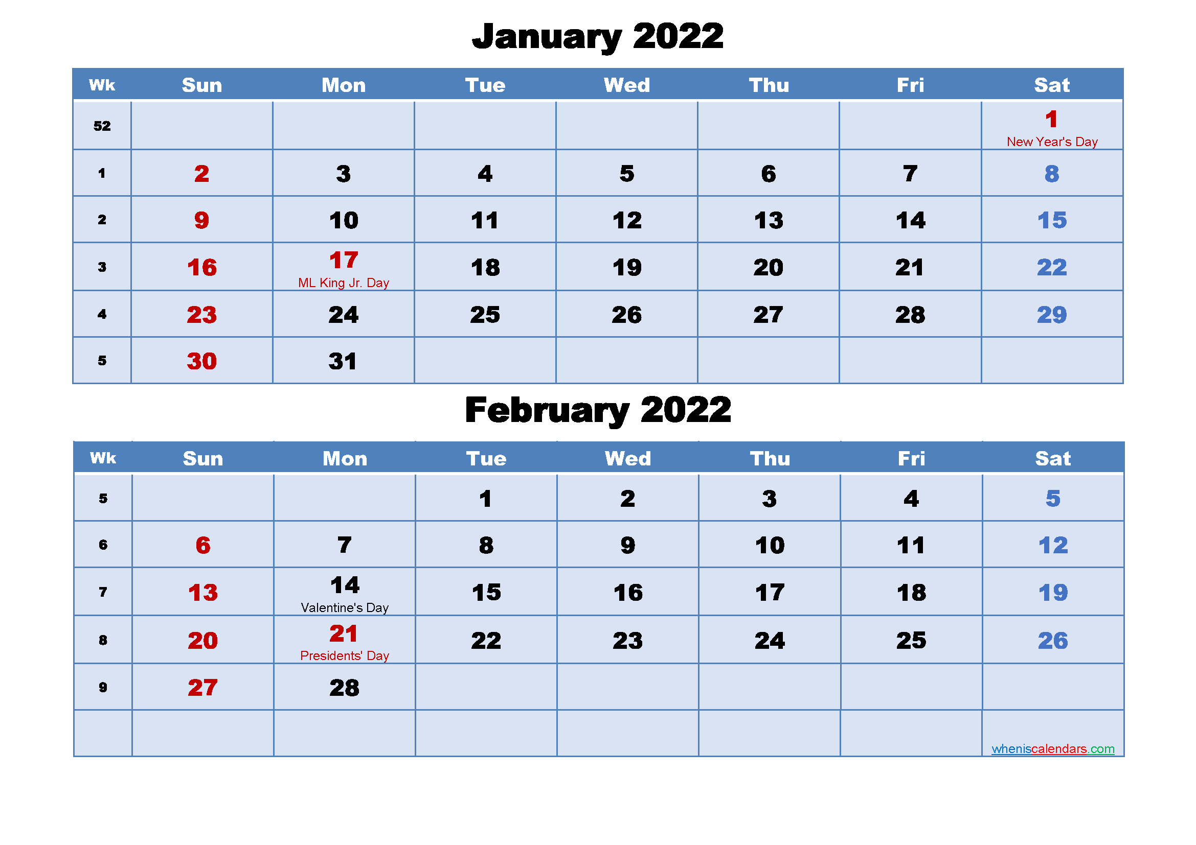 January And February 2022 Calendar : 3 Month Printable