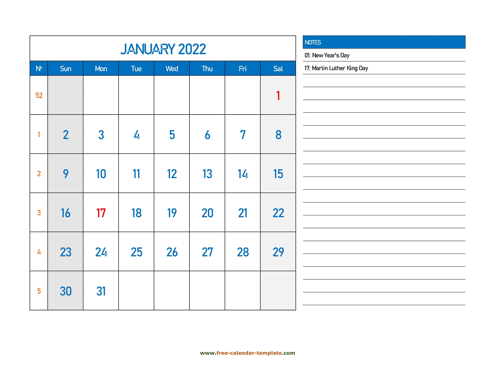 January Calendar 2022 Grid Lines For Holidays And Notes (Horizontal) | Free-Calendar-Template