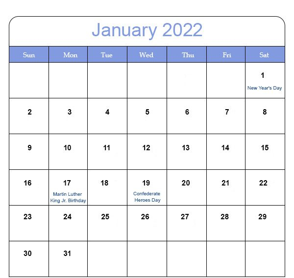 January Calendar 2022 With Holidays | Printable Template