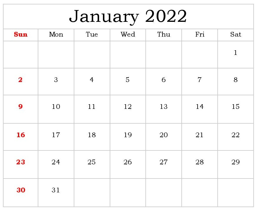 January Calendar 2022