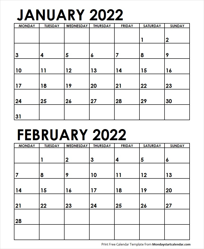January February 2022 Calendar Monday Start | Two Months