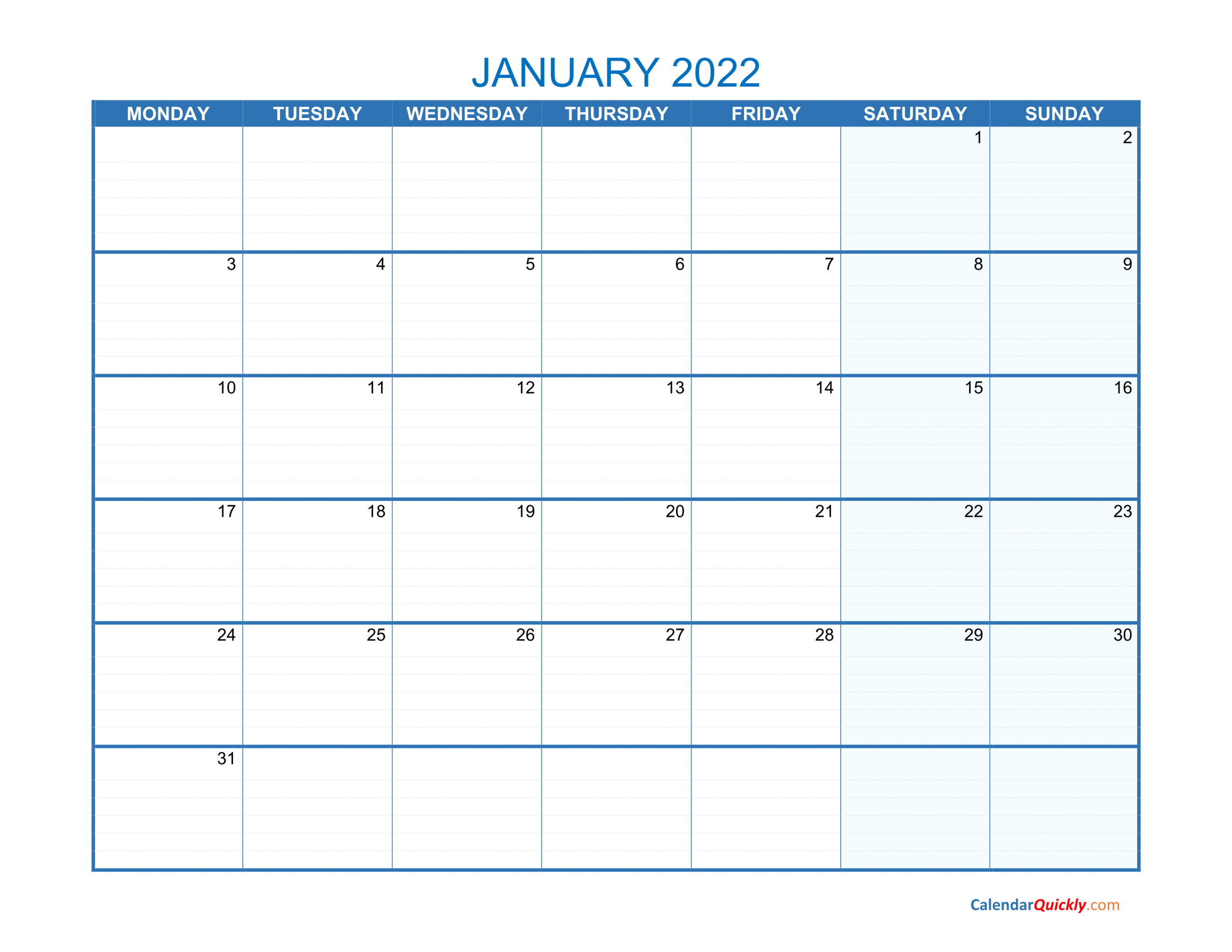 January Monday 2022 Blank Calendar | Calendar Quickly