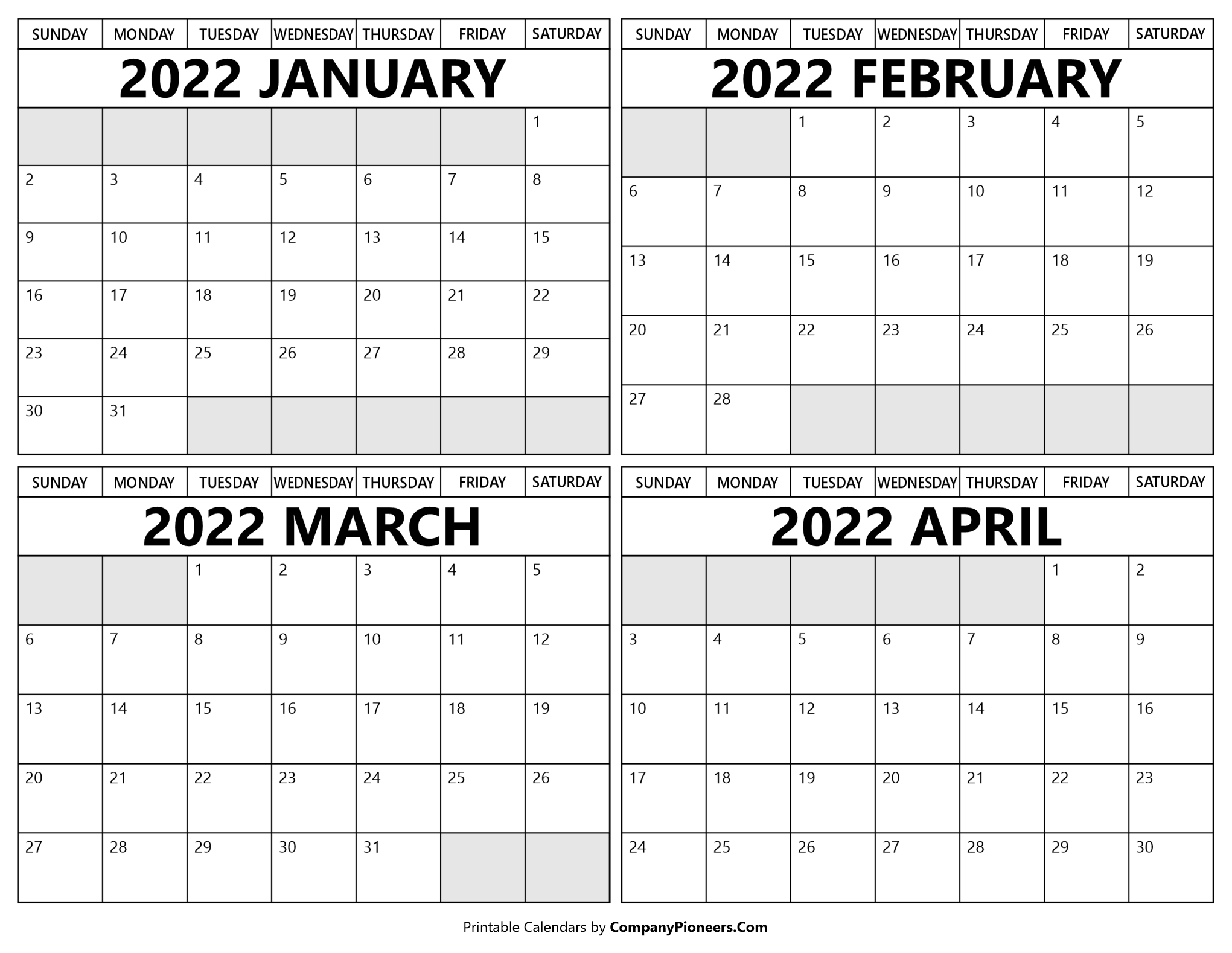 January To April 2022 Calendar Printable - Template