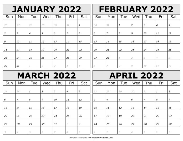 January To April 2022 Calendar Printable - Template