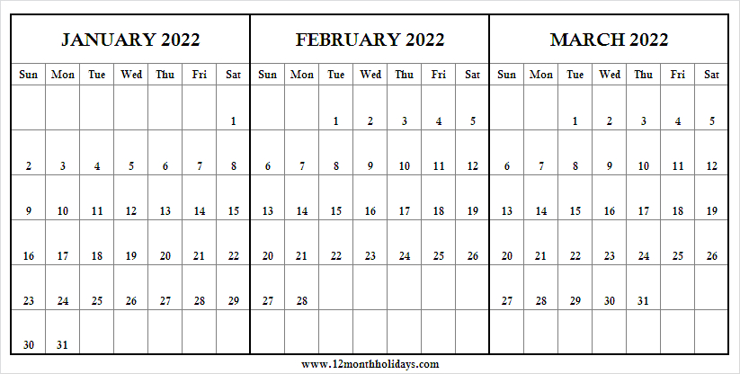 January To March 2022 Printable Calendar | 2022 Calendar