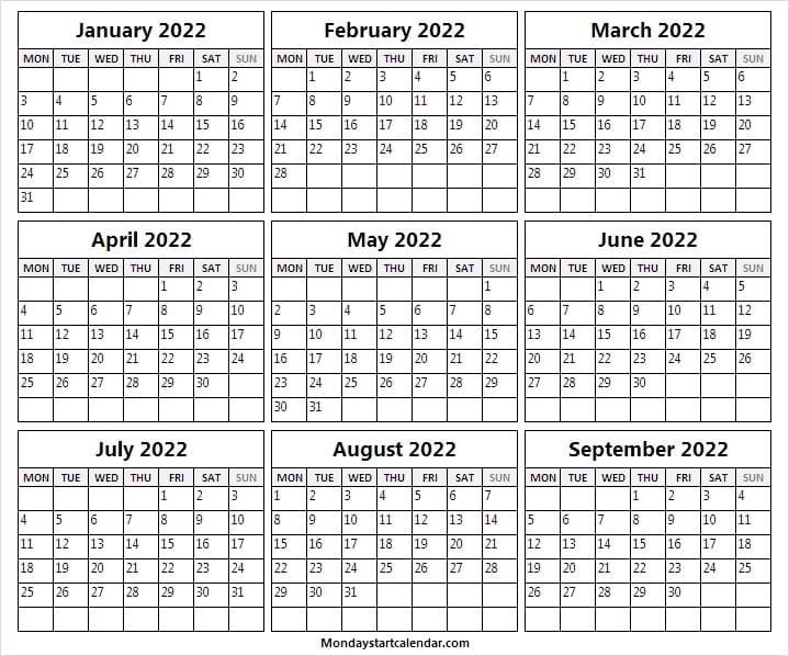 January To September 2022 Printable Calendar - 2022 Jan