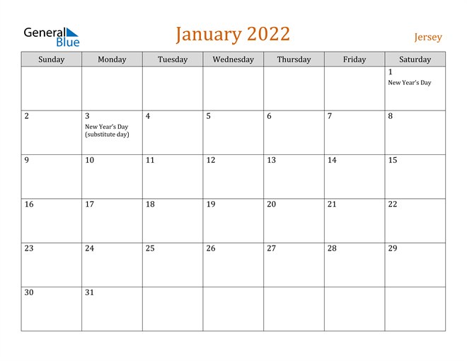 Jersey January 2022 Calendar With Holidays