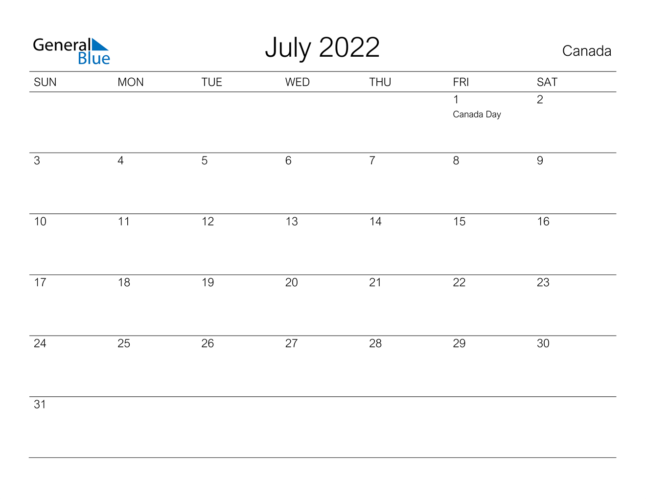 July 2022 Calendar - Canada