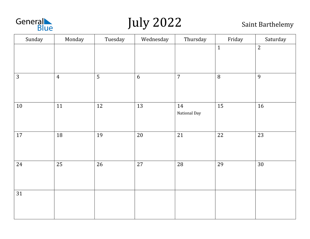 July 2022 Calendar - Saint Barthelemy
