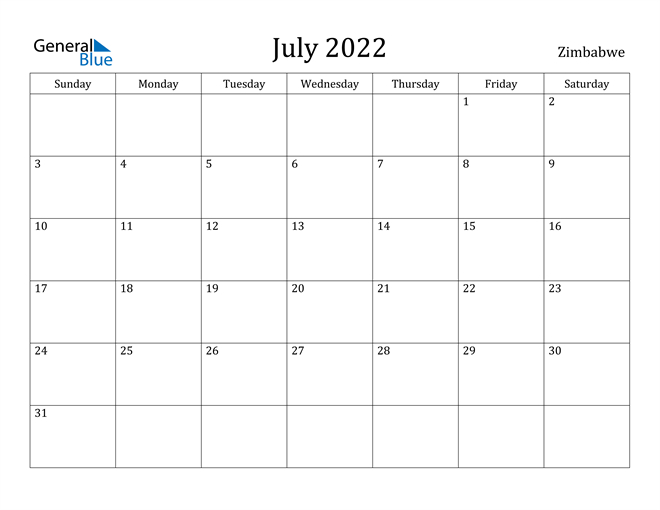 July 2022 Calendar - Zimbabwe