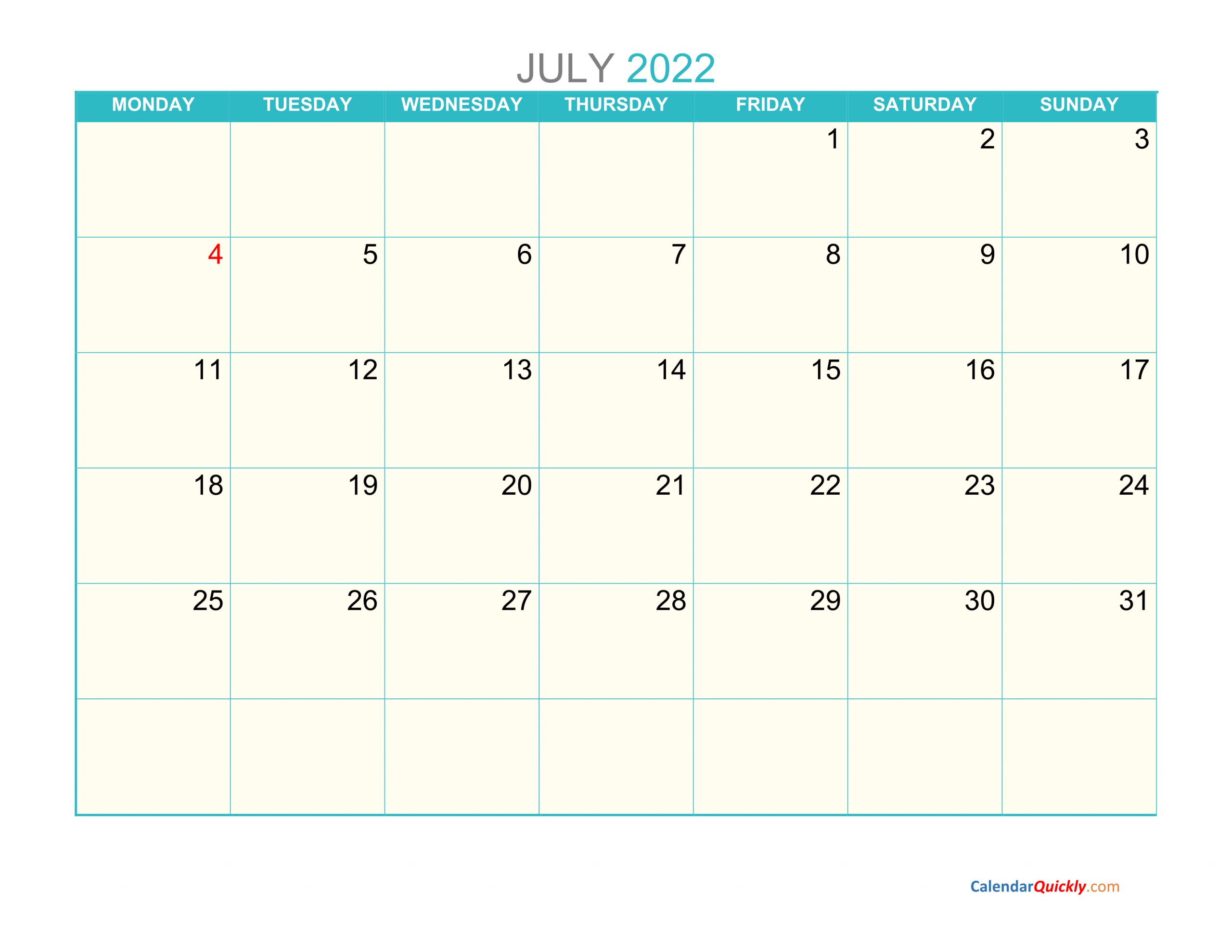 July Monday 2022 Calendar Printable | Calendar Quickly