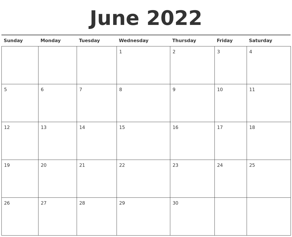 June 2022 Calendar Printable