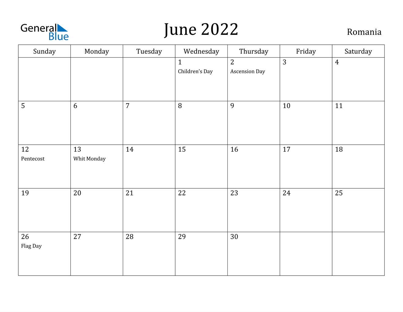 June 2022 Calendar - Romania