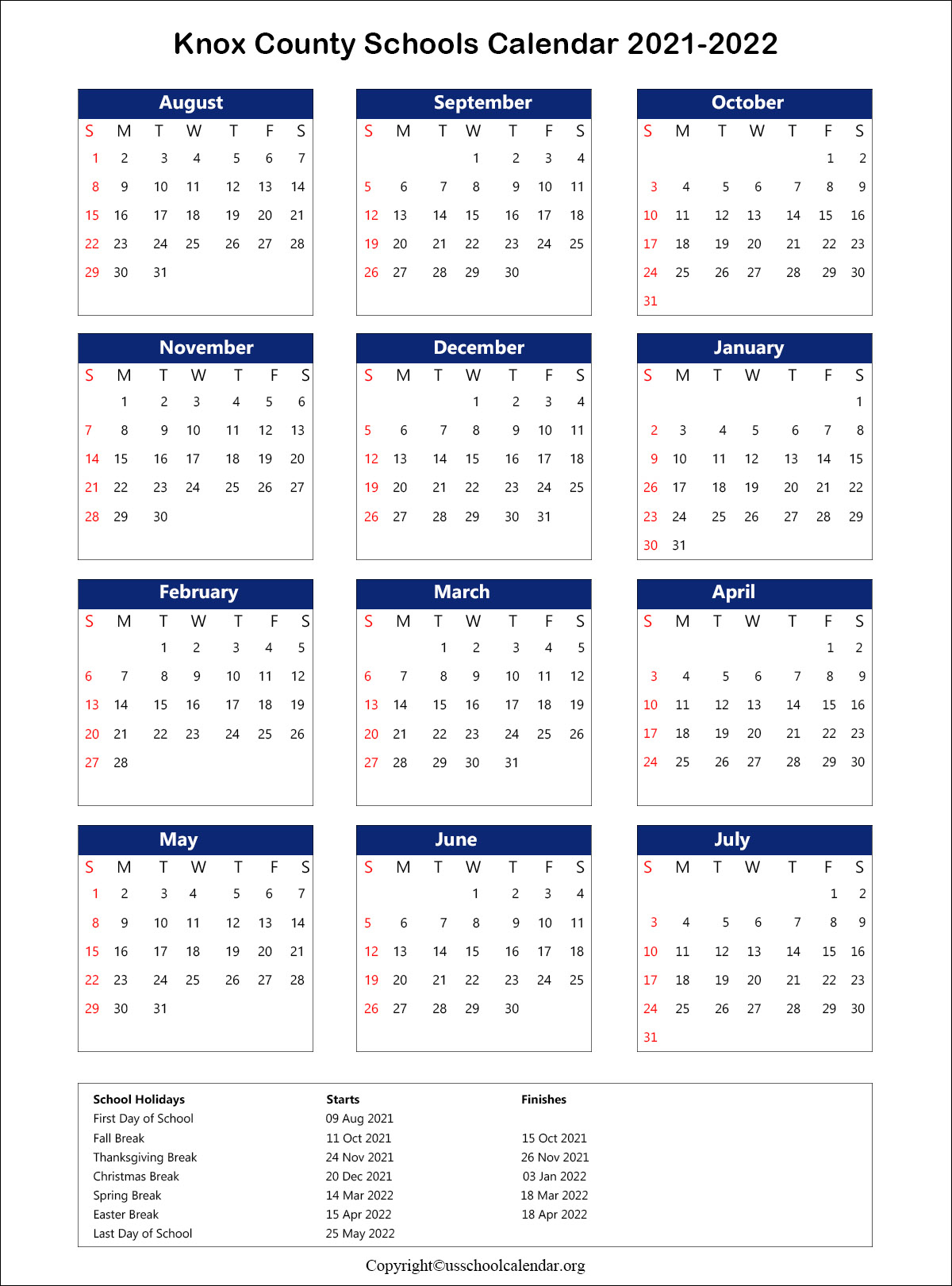 Knox County Schools Calendar With Holidays 2021-2022