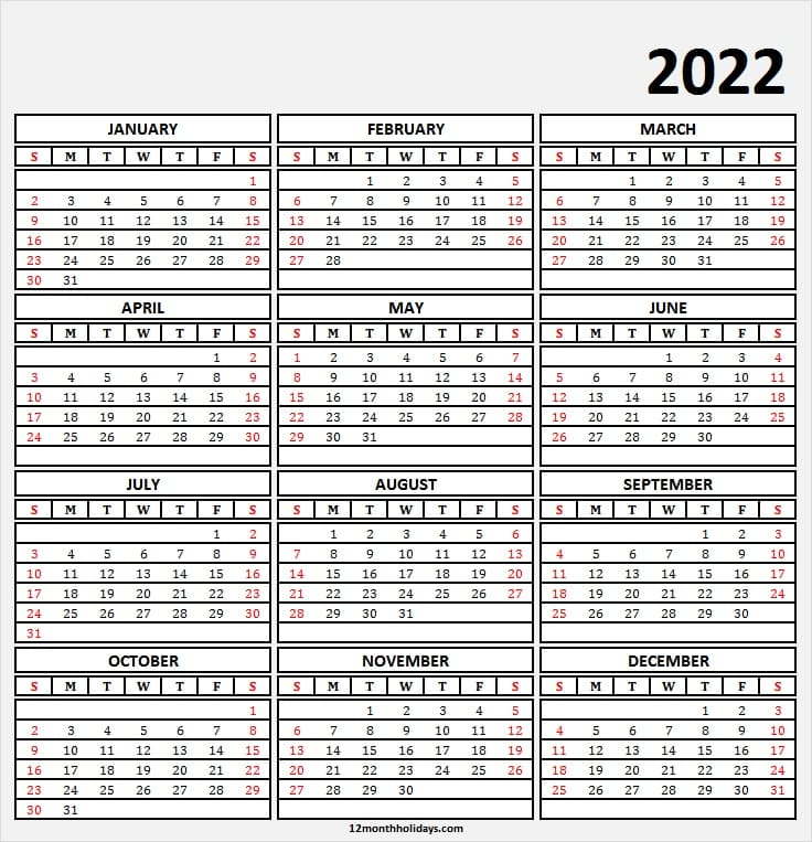 Large Print 2022 Calendar Template | January To December